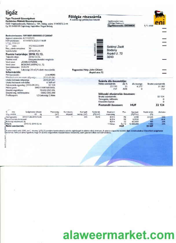 Hungary Tigaz utility bill in PSD format